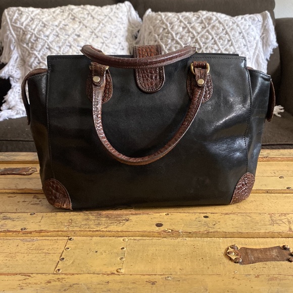 VINTAGE BRAHMIN DESIGNER BLACK 100% LEATHER BROWN CROC STRUCTURED BAG PURSE - Picture 15 of 16